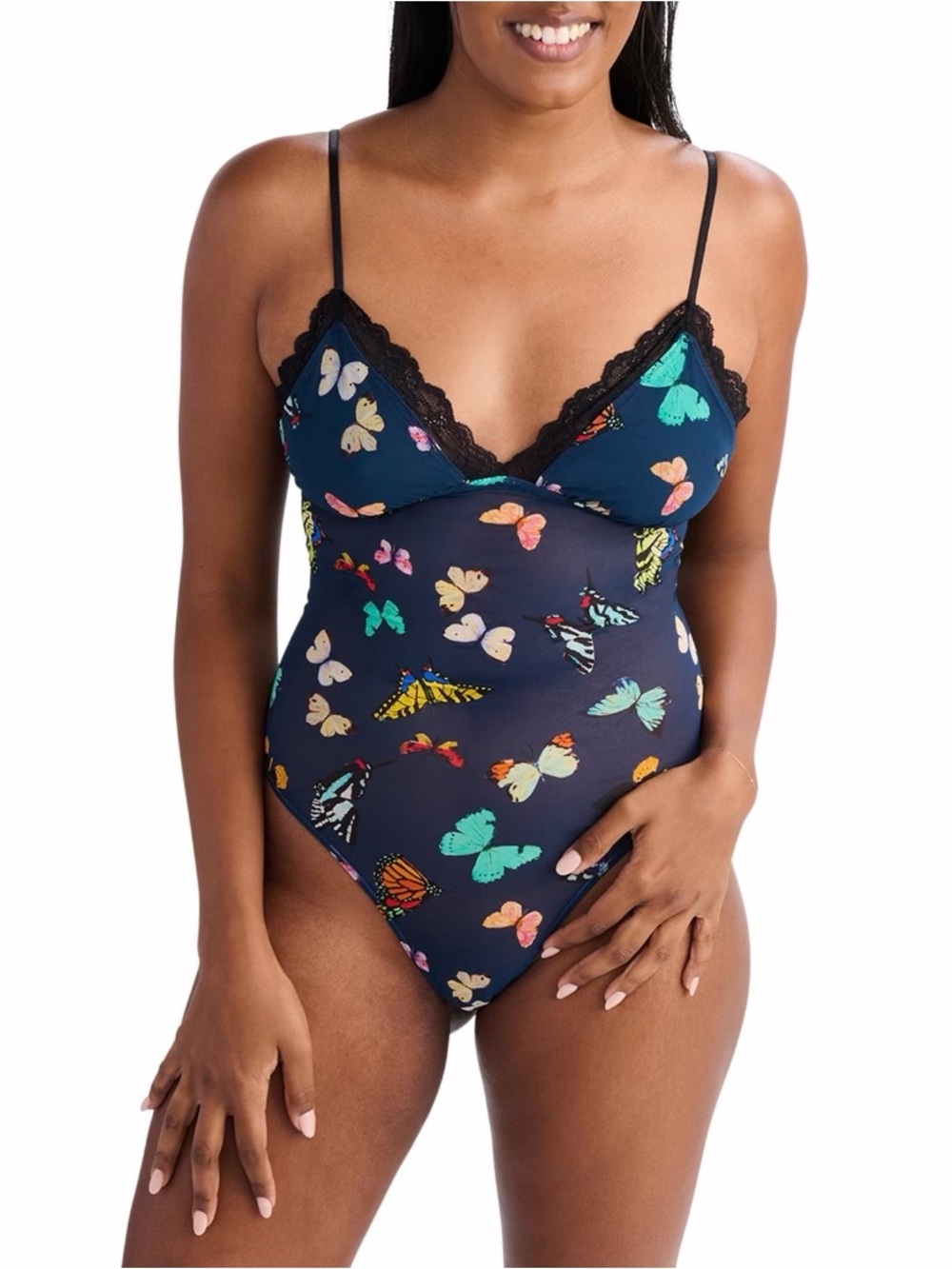 Navy Butterfly Print Mesh Lined Cups Bodysuit